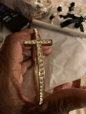 Gold Tone Crystal Cross Bangle Bracelet - Women's Jewelry